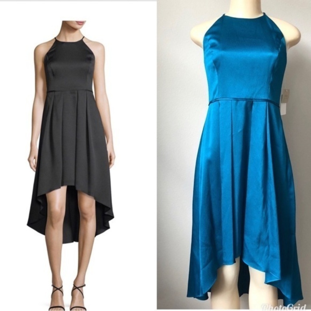 High-Low Pleated Satin Cocktail Dress size 4 peacock blue